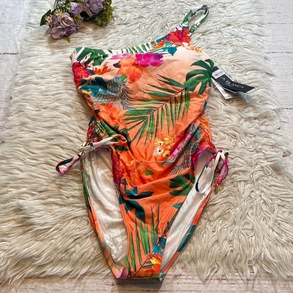 NWT LA BLANCA Tropicalia Ruched One Shoulder One Piece Swimsuit sz 12 - Picture 2 of 13